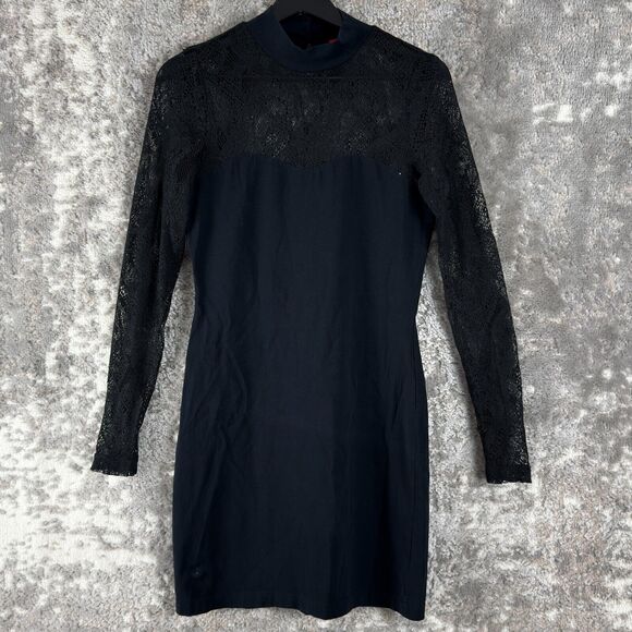 EDC Size S Mesh Keyhole Mock Neck Mini Sheath Dress Navy Long Sleeve Button - Picture 1 of 12